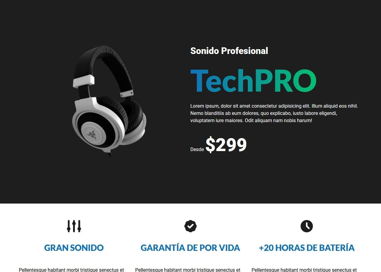 Landing Page de venta de una marca de auriculares.